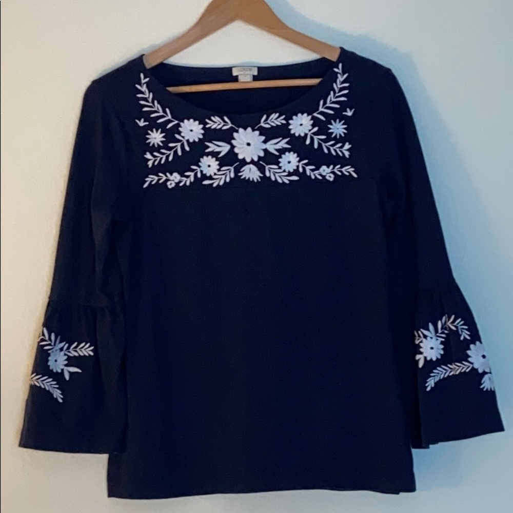 J Crew Top Embroidered Bell Sleeve